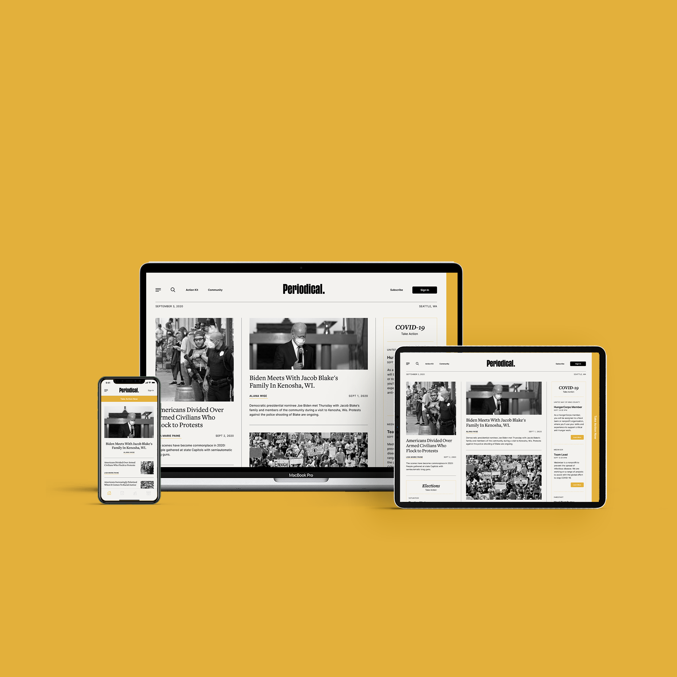 Image of a mobile device, computer, and tablet showcasing a fictitious news platform