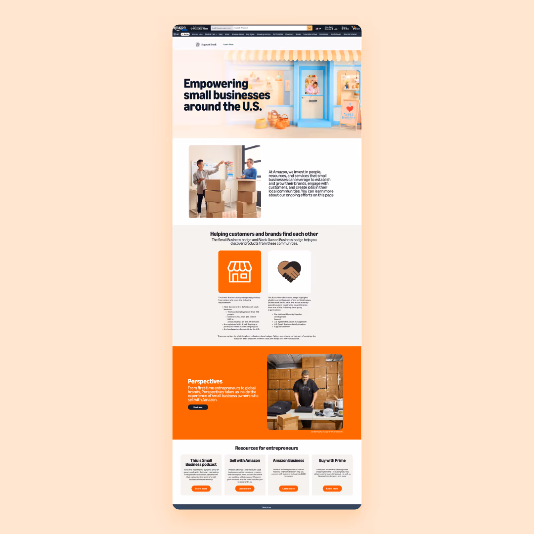 Fulle screenshot of the information and layout on the Support Small Learn More page