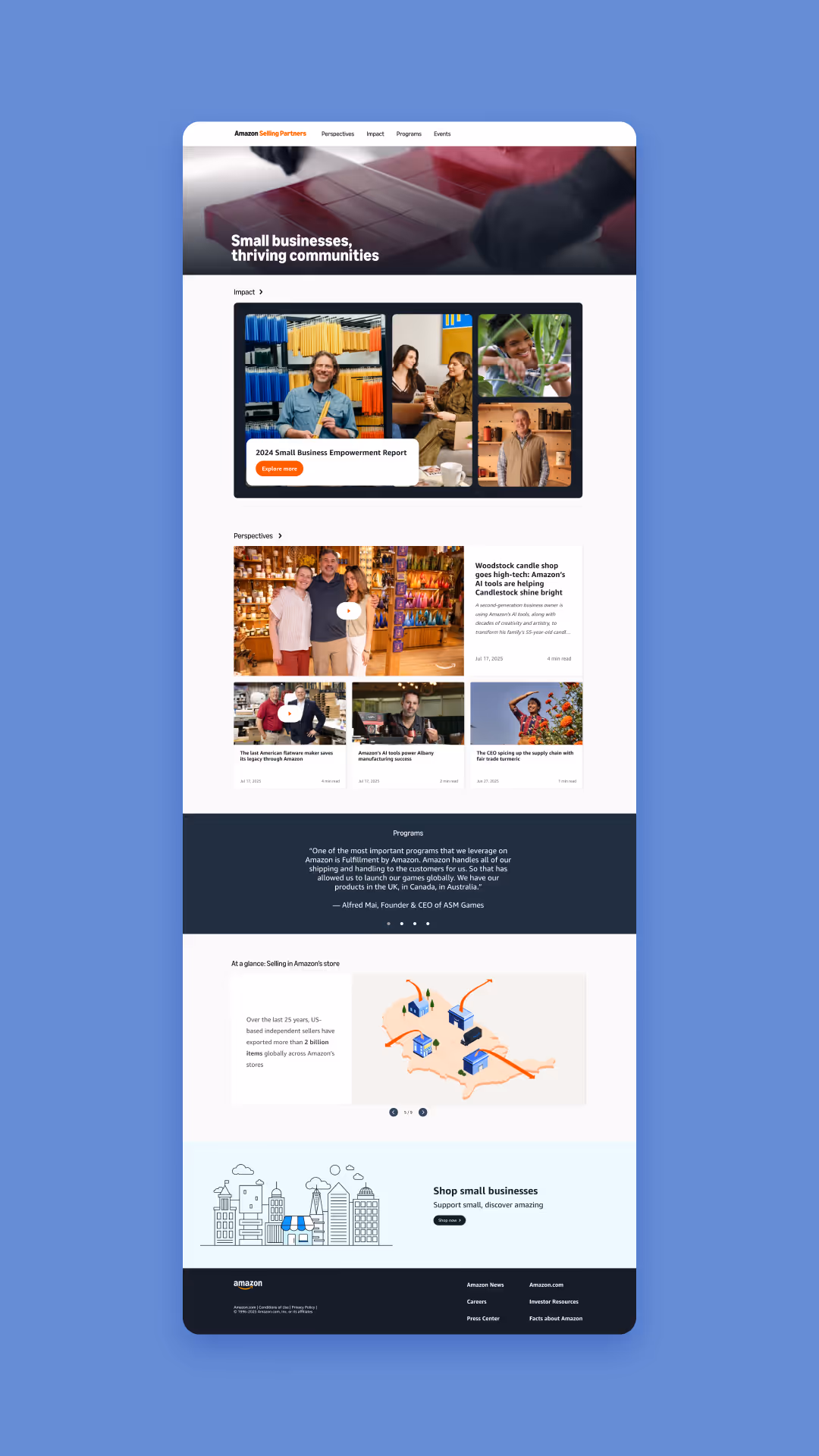 full screenshot of the layout for the Selling Partners About Amazon website