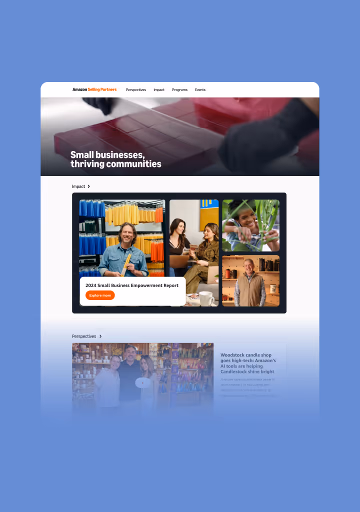 Sneak peak of the landing page of the Selling Partners About Amazon website
