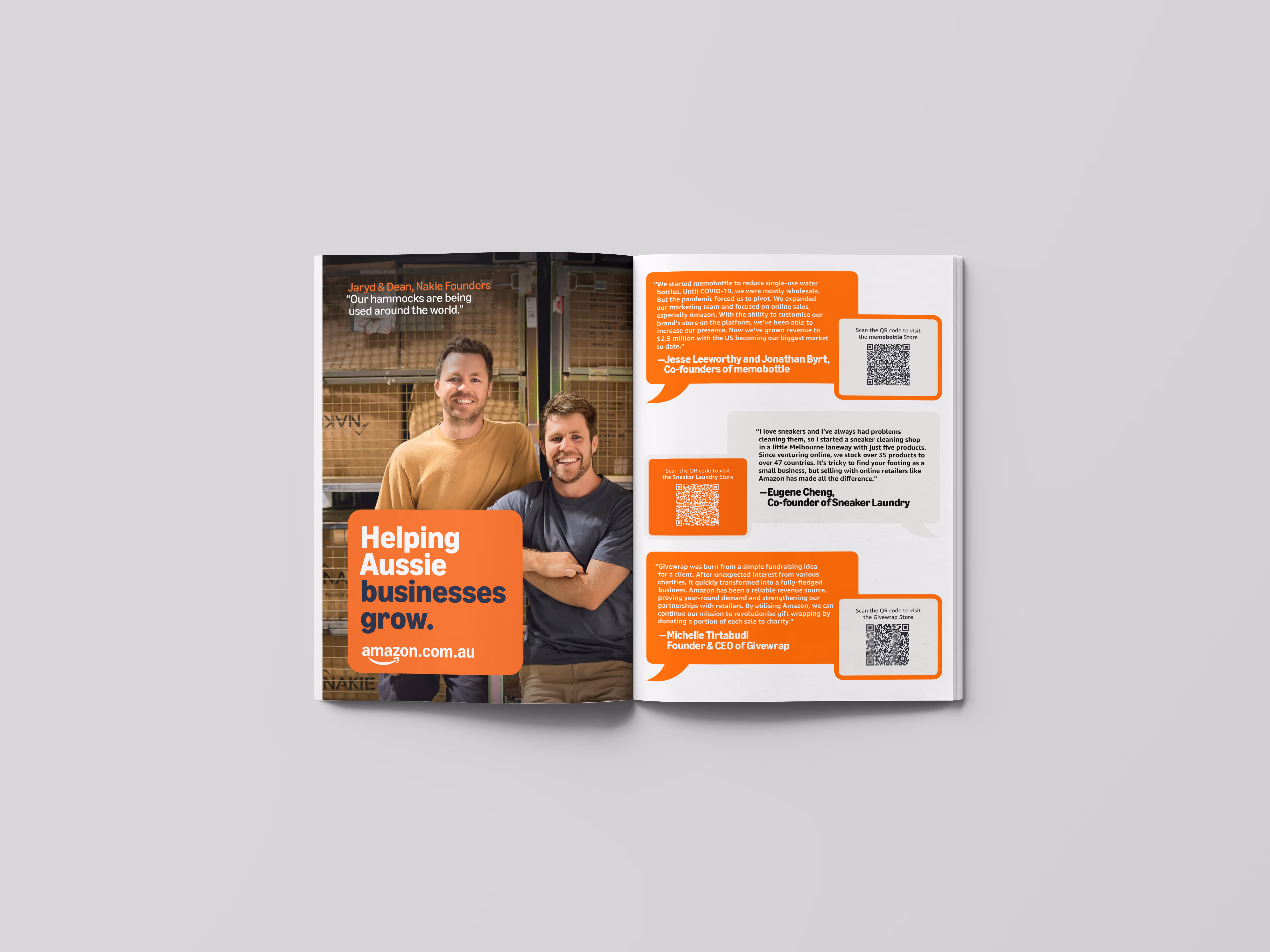 Mock-up spread of print asset with an image on the left and quotes on right