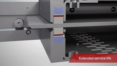 Cutaway animation of Titan Slide Gate live-loaded, wear-compensating seals