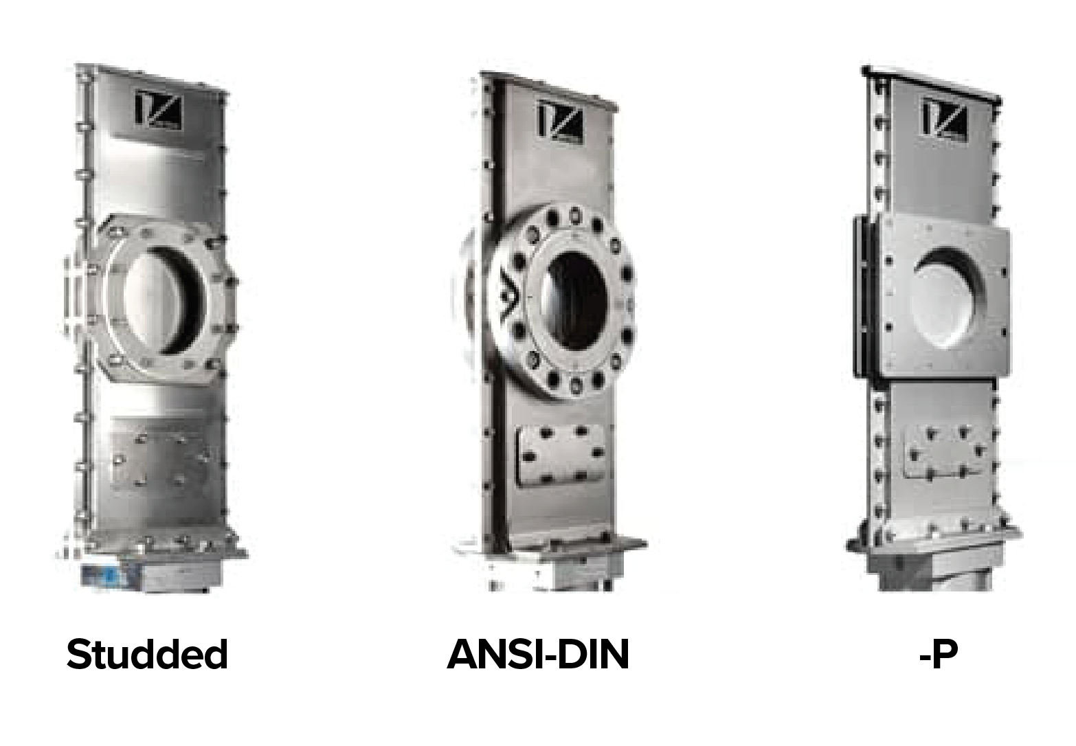 Three options for a Vortex Orifice Gate. 1. Studded, 2. ANSI-DIN, 3. -P