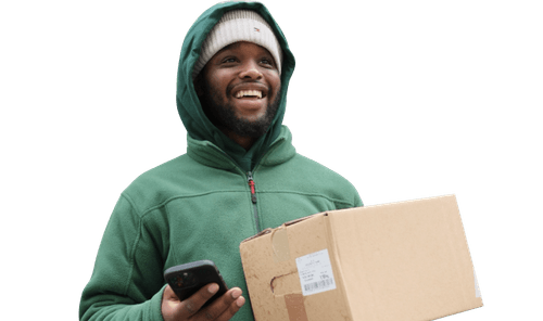 LEAFR delivery driver with package and phone