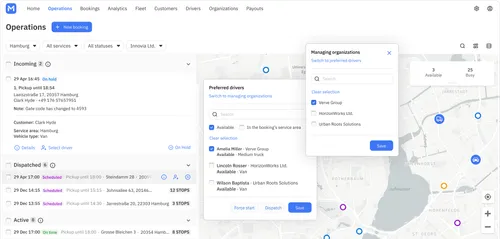 Operations dashboard with Preferred Driver and Managing Organizations popover