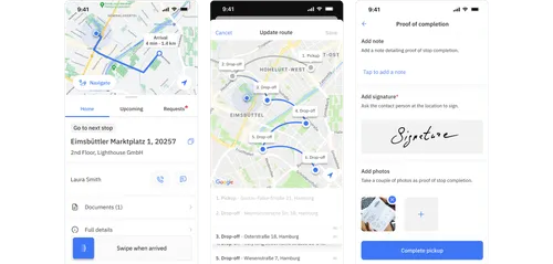 Three driver app screens showing an active booking, the route editing and proof of delivery feature