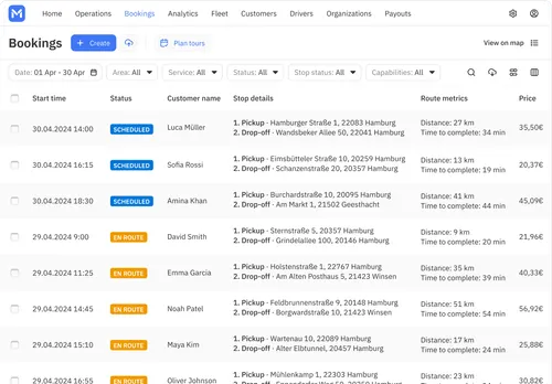 Bookings Dashboard in list view