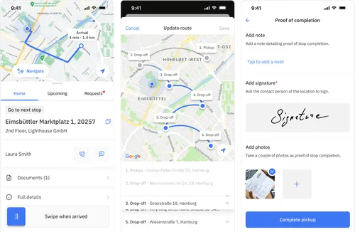 Three driver app screens showing an active booking, the route editing and proof of delivery feature