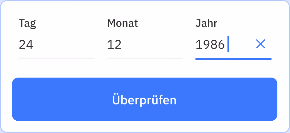 Date input fields labeled day, month, year filled with 24, 12, 1986 and a blue check button.