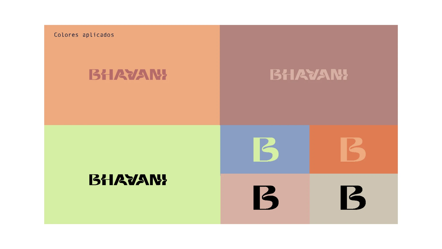 Logo y monograma B de Bhavani aplicados sobre colores de la paleta.