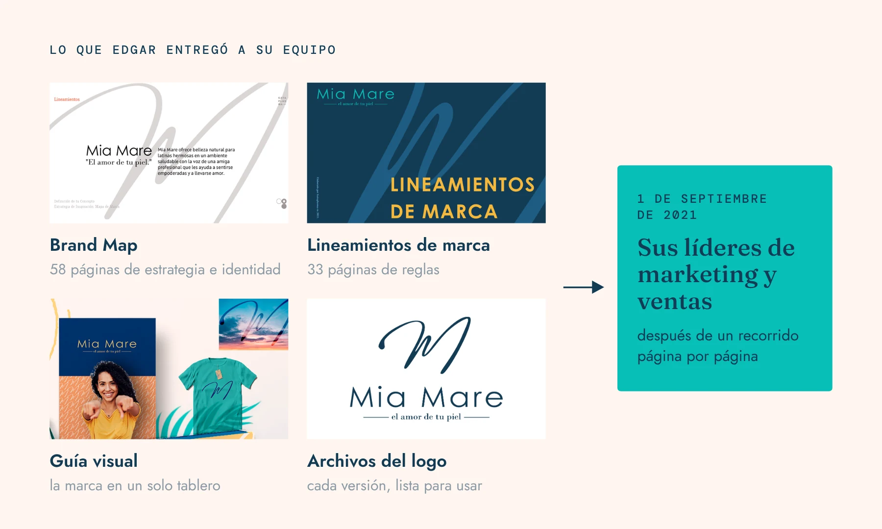 Las cuatro piezas que Edgar entregó a sus líderes de marketing y ventas: Brand Map, lineamientos de marca, guía visual y archivos del logo.