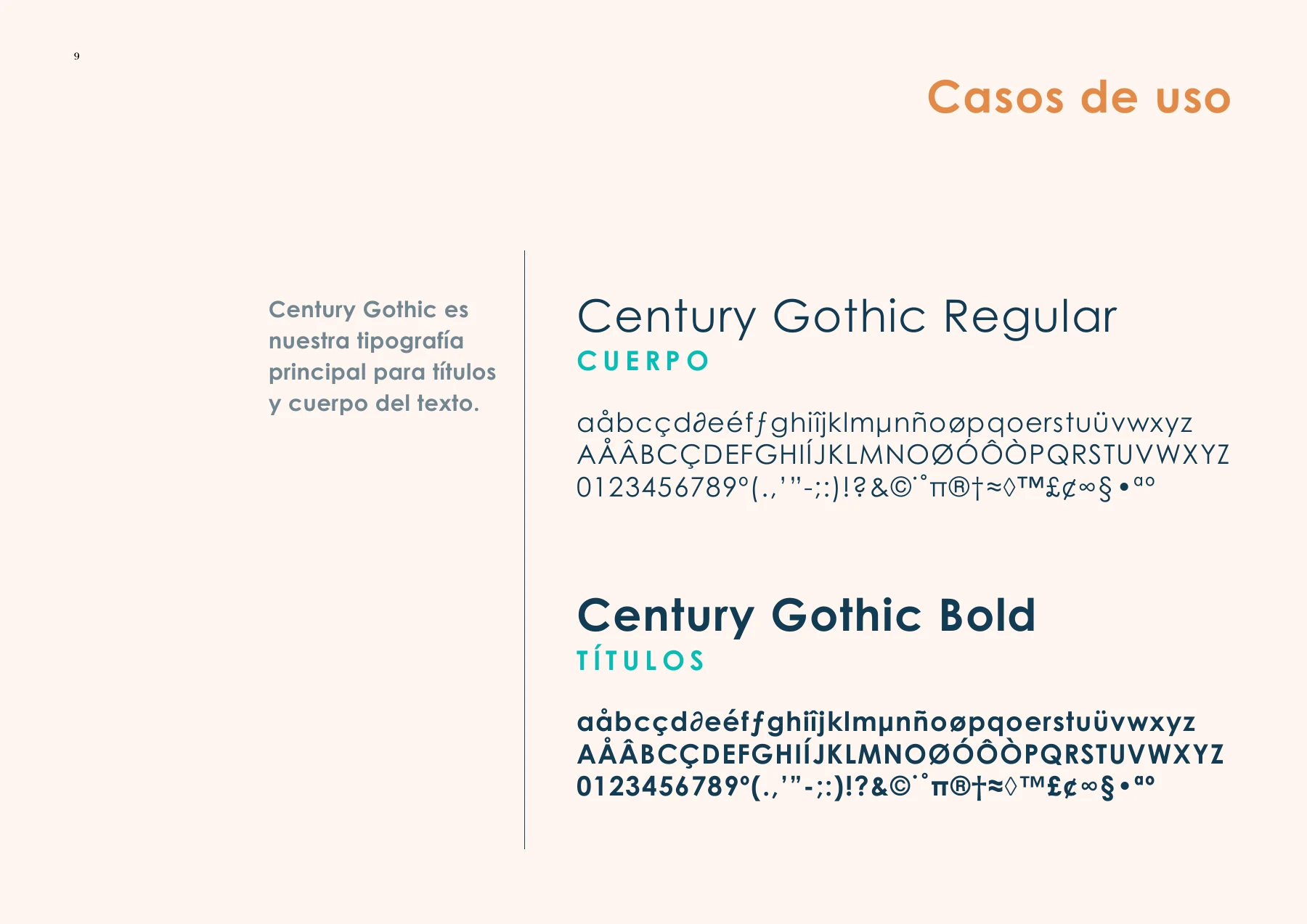 Página de tipografía de Mia Mare: Century Gothic para títulos y texto.
