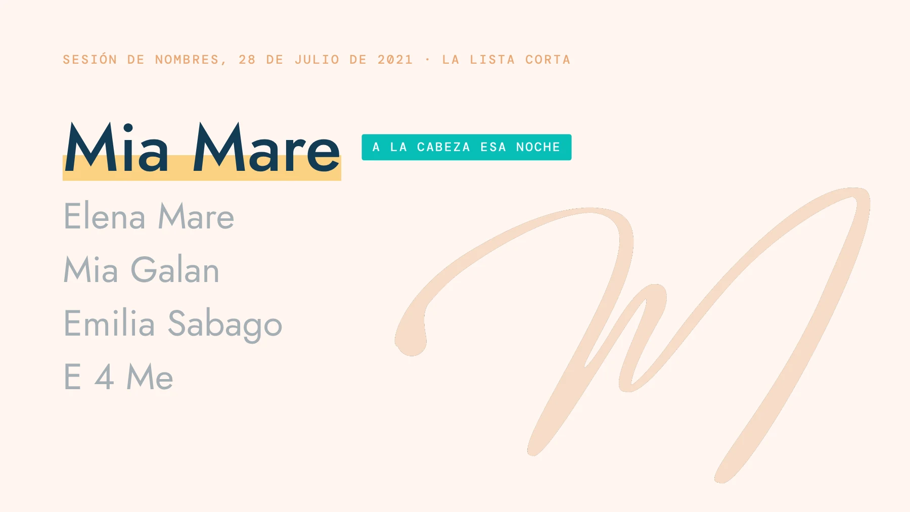 La lista corta de nombres del 28 de julio de 2021: Mia Mare a la cabeza, luego Elena Mare, Mia Galan, Emilia Sabago y E 4 Me.