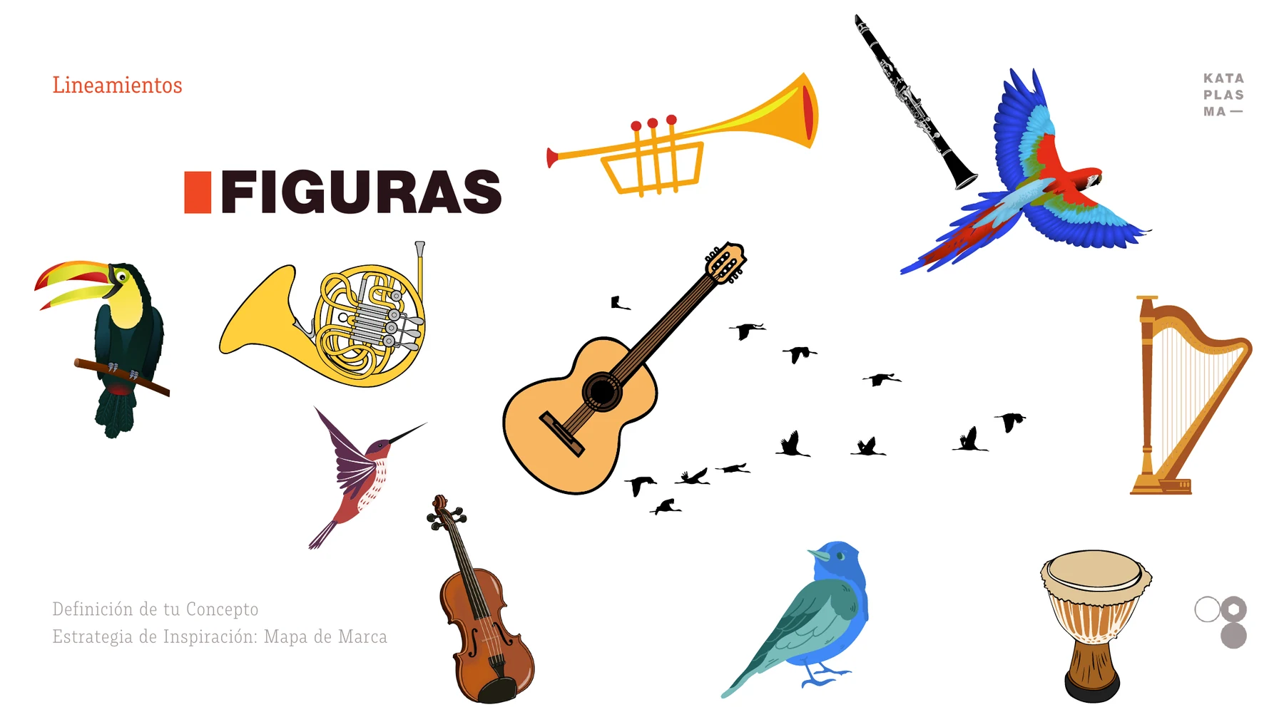 Figuras ilustradas de instrumentos y pájaros del Brand Map.