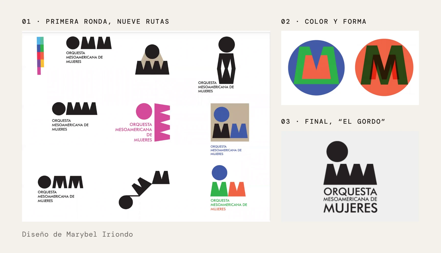 Rondas del logo lado a lado: nueve rutas en la primera ronda, dos exploraciones a color del círculo y las M, y el logo final, un círculo sobre tres M pesadas.