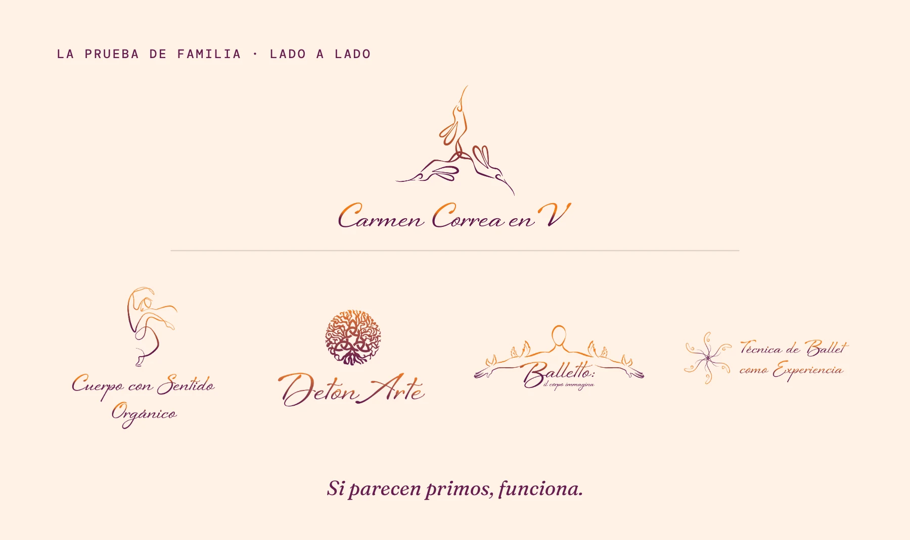 El logo de colibríes de Carmen Correa en V sobre los logos de Cuerpo con Sentido Orgánico, DetonArte, Balletto y Técnica de Ballet como Experiencia, todos en naranja y vino.