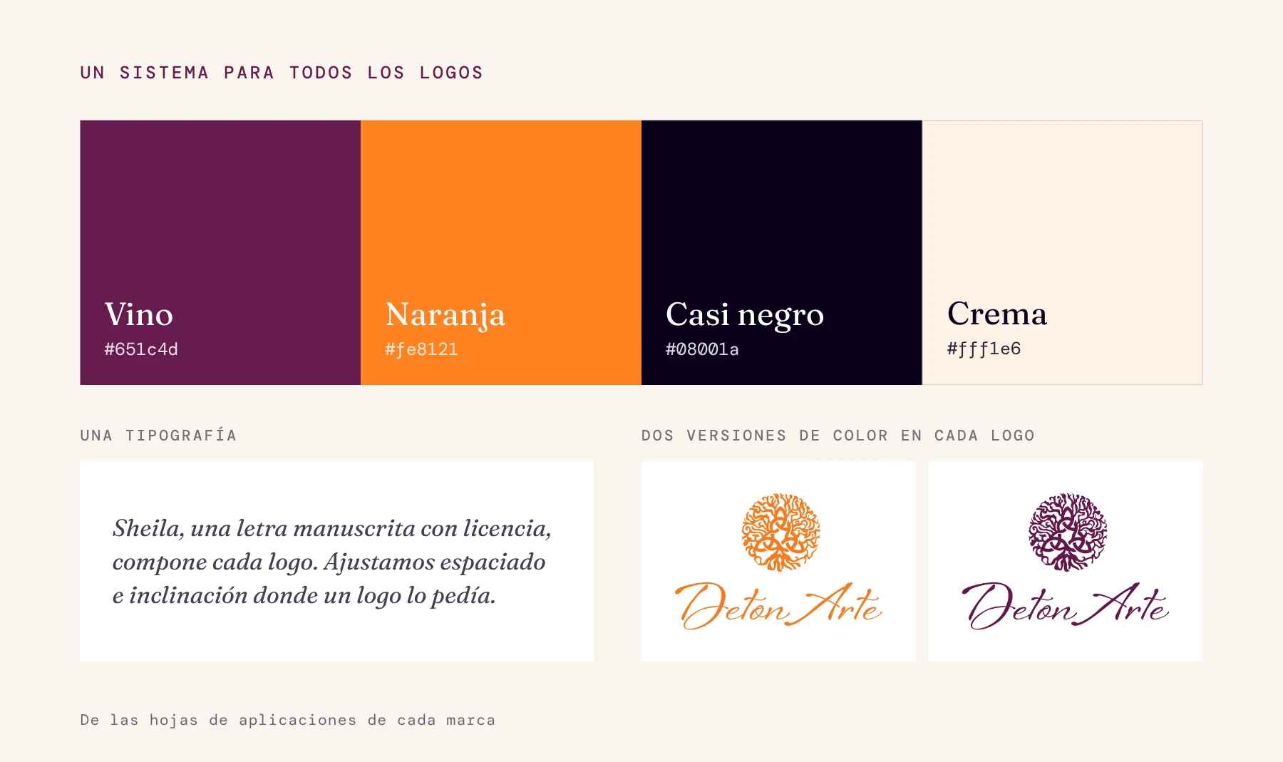 Cuatro muestras de color, vino #651c4d, naranja #fe8121, casi negro #08001a y crema #fff1e6, una nota sobre la tipografía manuscrita Sheila y DetonArte en sus versiones naranja y vino.