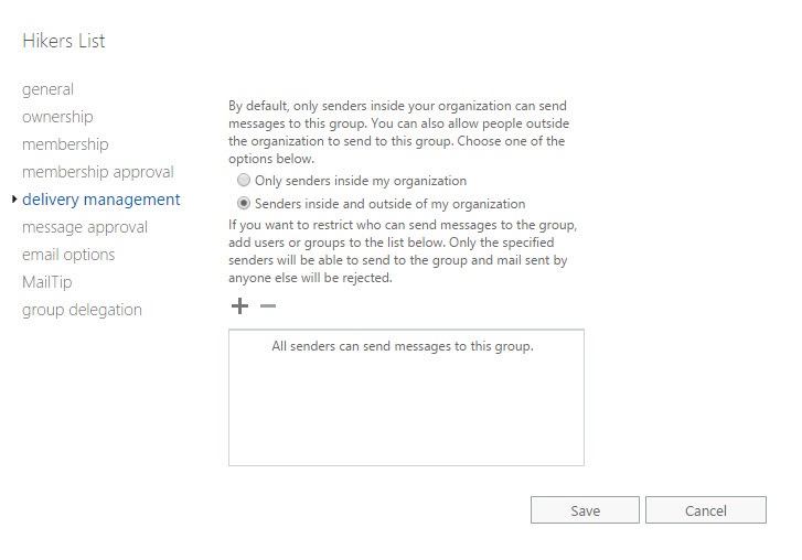 Delivery Management Settings for Groups in Exchange Admin Center