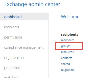 Exchange Admin Center Highlighting Groups Option