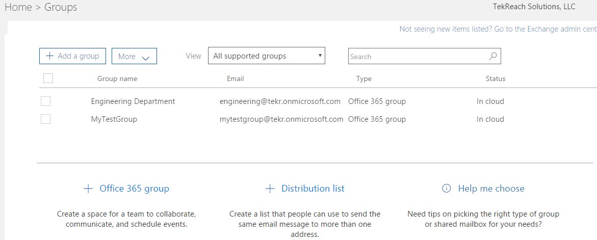 Office 365 Group Page in Admin Center