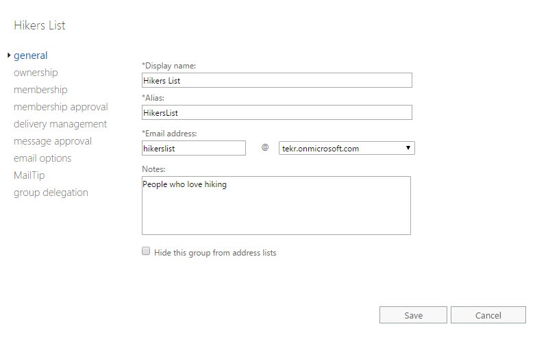 General Tab of Group Settings in Exchange Admin Center