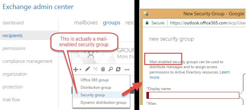 Exchange Admin Center showing Mail Enabled Security Groups