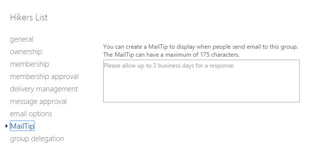 MailTip in Exchange Admin Center for the Group