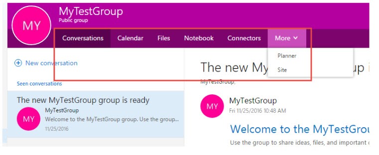 Main Page of an Office 365 Group highliting Menu