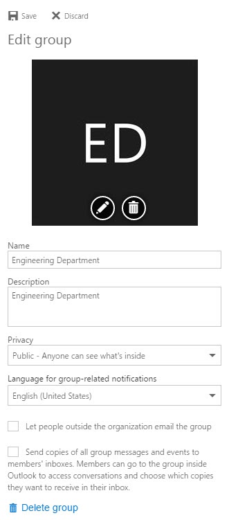 Edit Office 365 Group options and form 