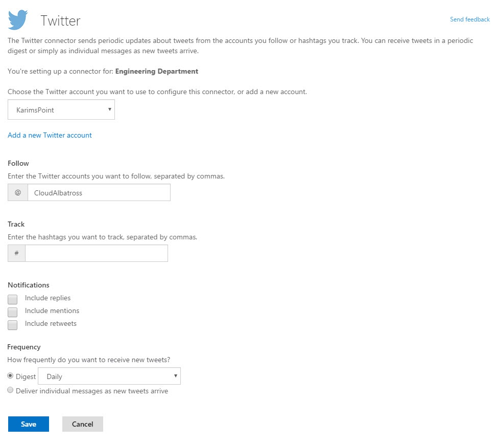 Office 365 Twitter Connector settings