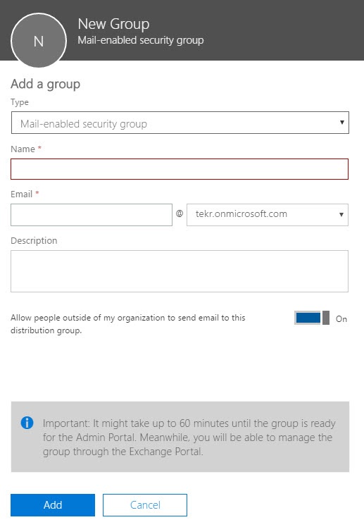 New Mail Enabled Group in Office 365 Admin Center