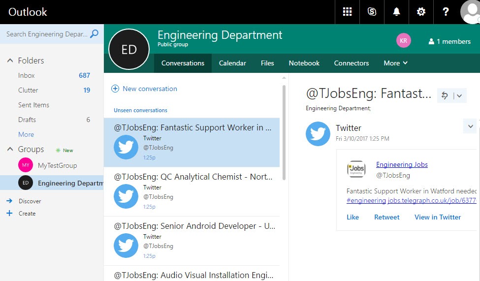 Office 365 Conversations showing Twitter Messages