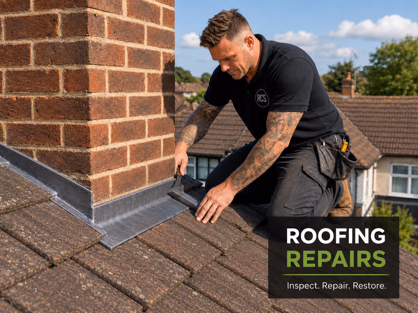 Rose Construction Sussex roofer repairing lead flashing around a brick chimney on a tiled roof in Polegate on a bright sunny day.