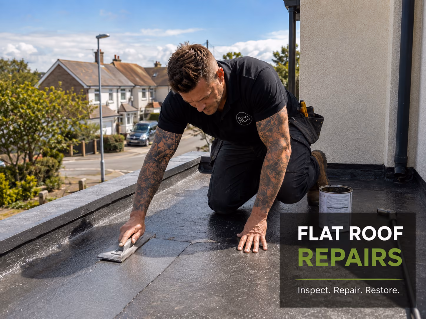 Rose Construction Sussex roofer carrying out flat roof repairs on a residential property in Polegate on a bright sunny day.