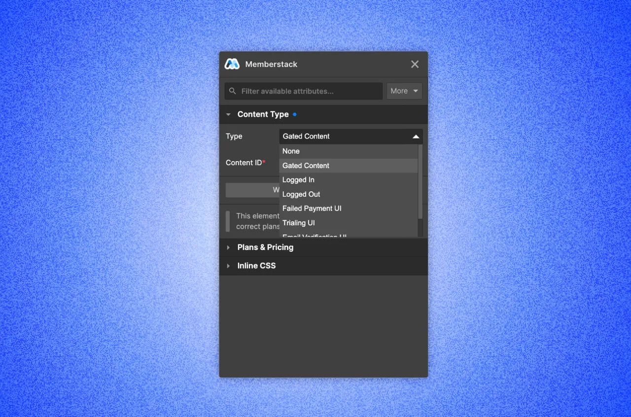 The Memberstack app inside the Webflow designer (blue background). The content type section is opened and gated content is selected.