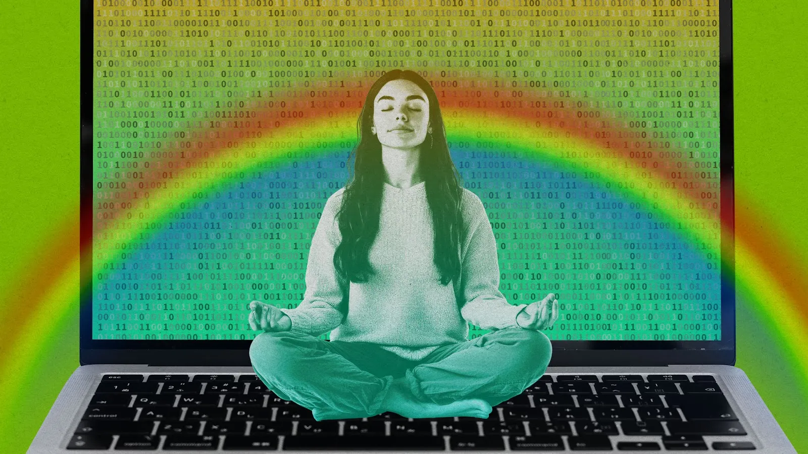 a woman sitting cross-legged with eyes closed peacefully on a laptop with a screenful of binary code. A rainbow spans the image