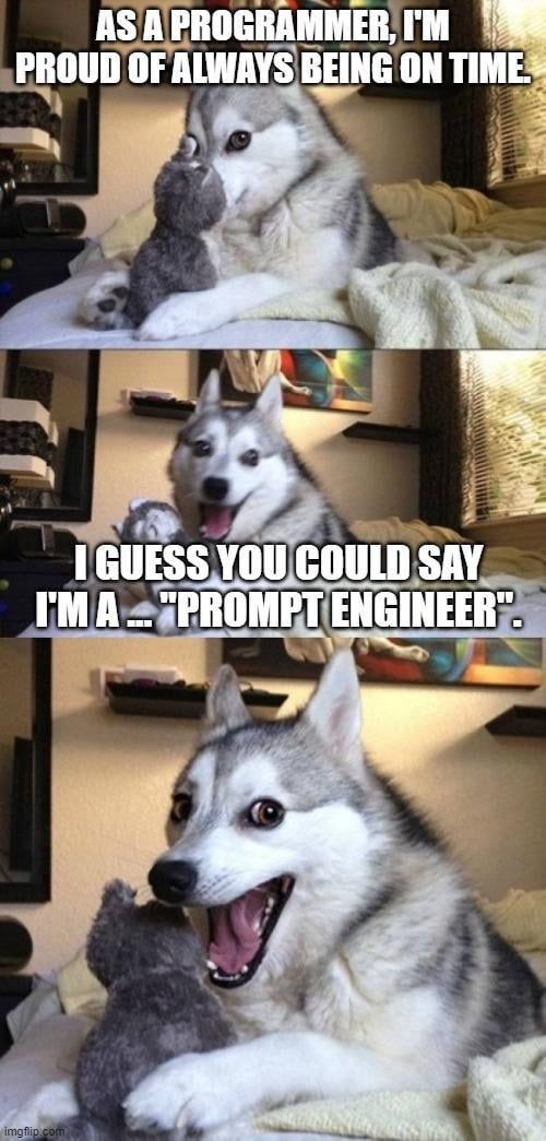 r/ProgrammerHumor - AS A PROGRAMMER, I'M PROUD OF ALWAYS BEING ON TIME I GUESS YOU COULD SAY I'MA "PROMPT ENGINEER".
