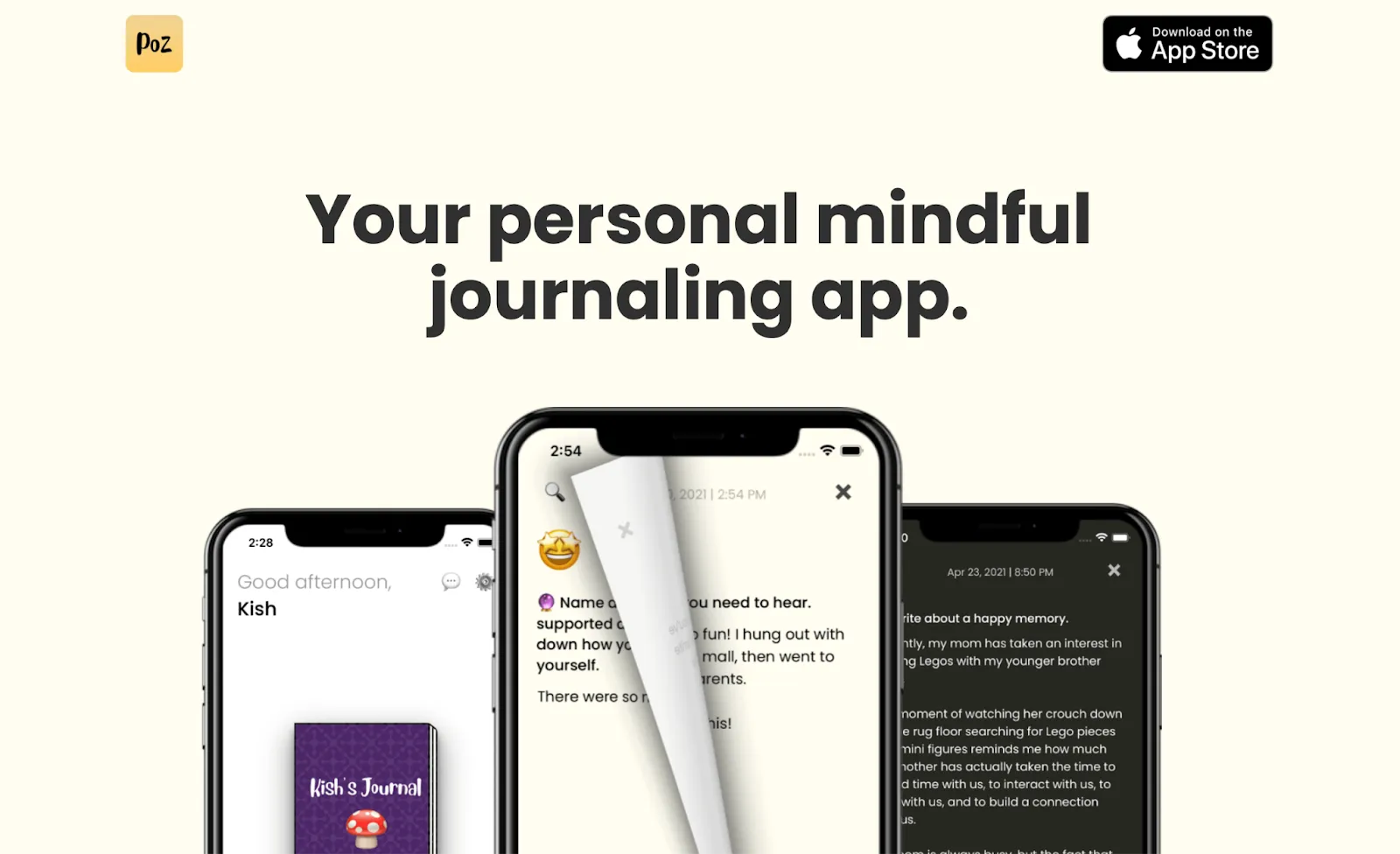 Hero image for Poz Journal app by Kish Parikh showing three mobile phones where journaling occurs