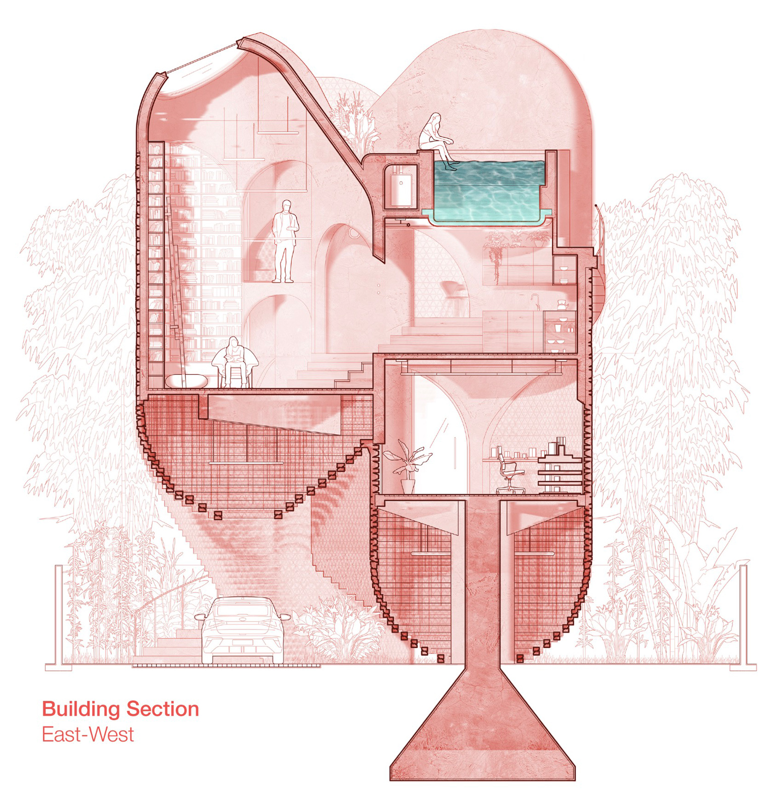 East-west section drawing of the Miami Beach House showing the platformed interior, vertical cores, and layered living spaces