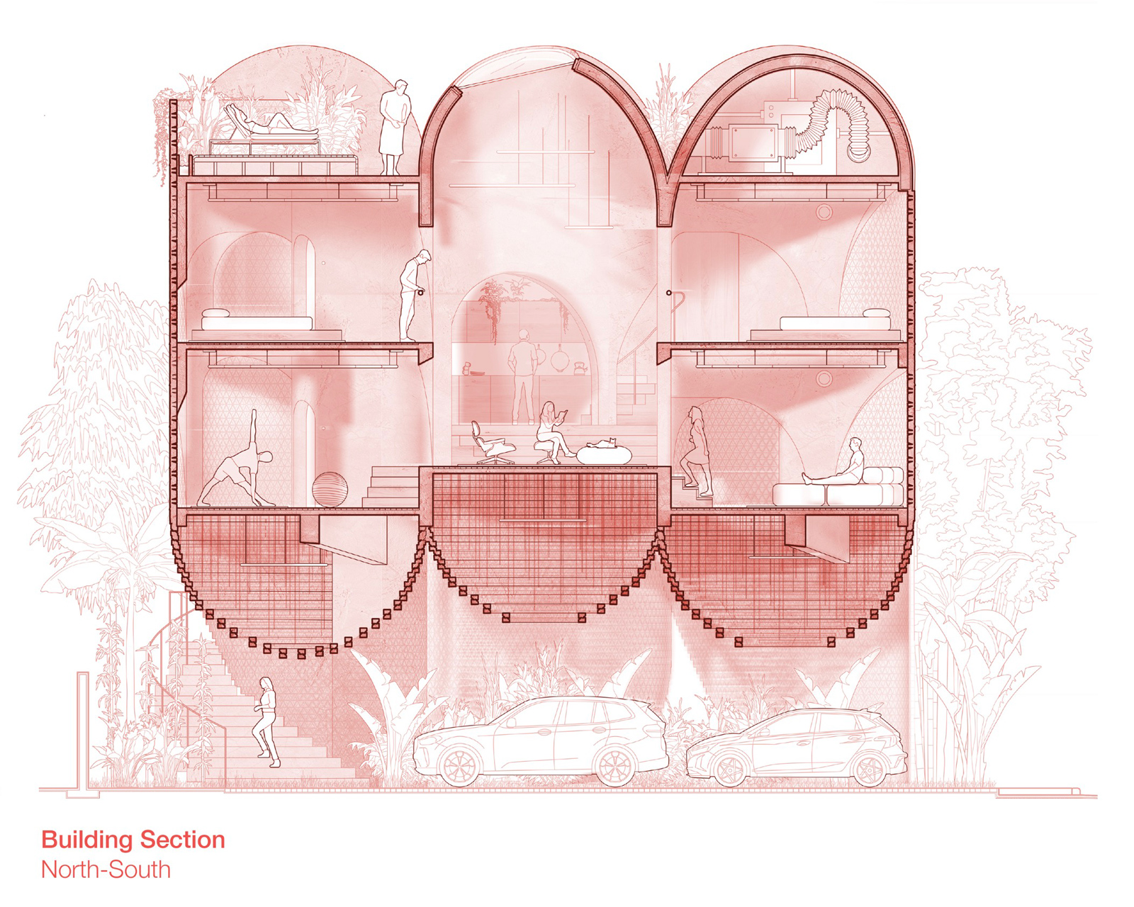 North-south section drawing of the Miami Beach House showing the spiraling platform sequence, library void, and structure