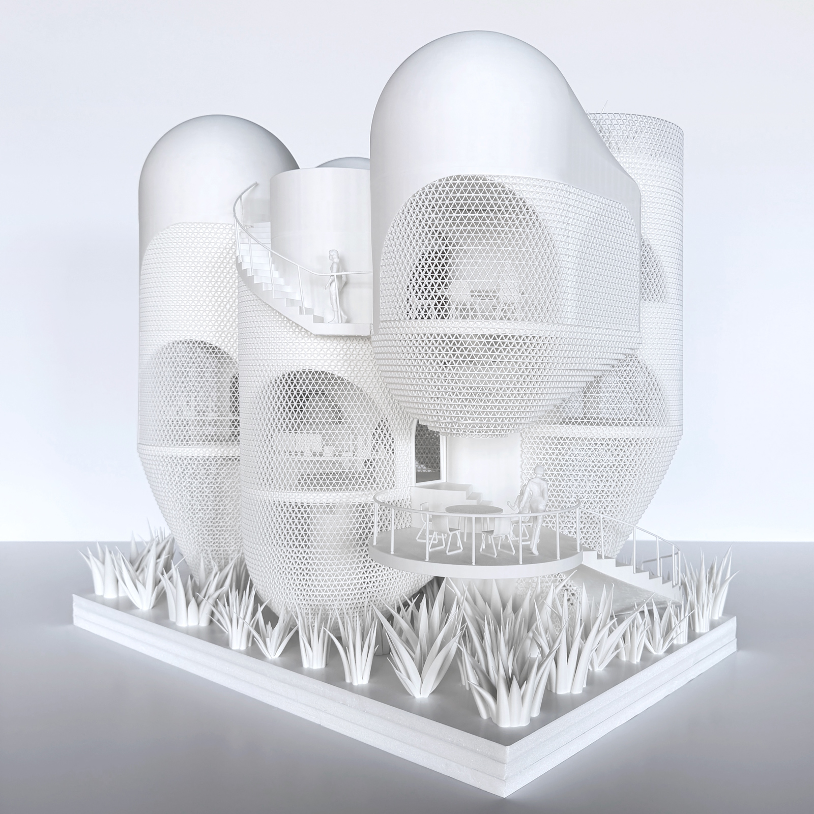 1:25 scale model of the Miami Beach House showing the platform structure, vertical cores, and overall massing concept