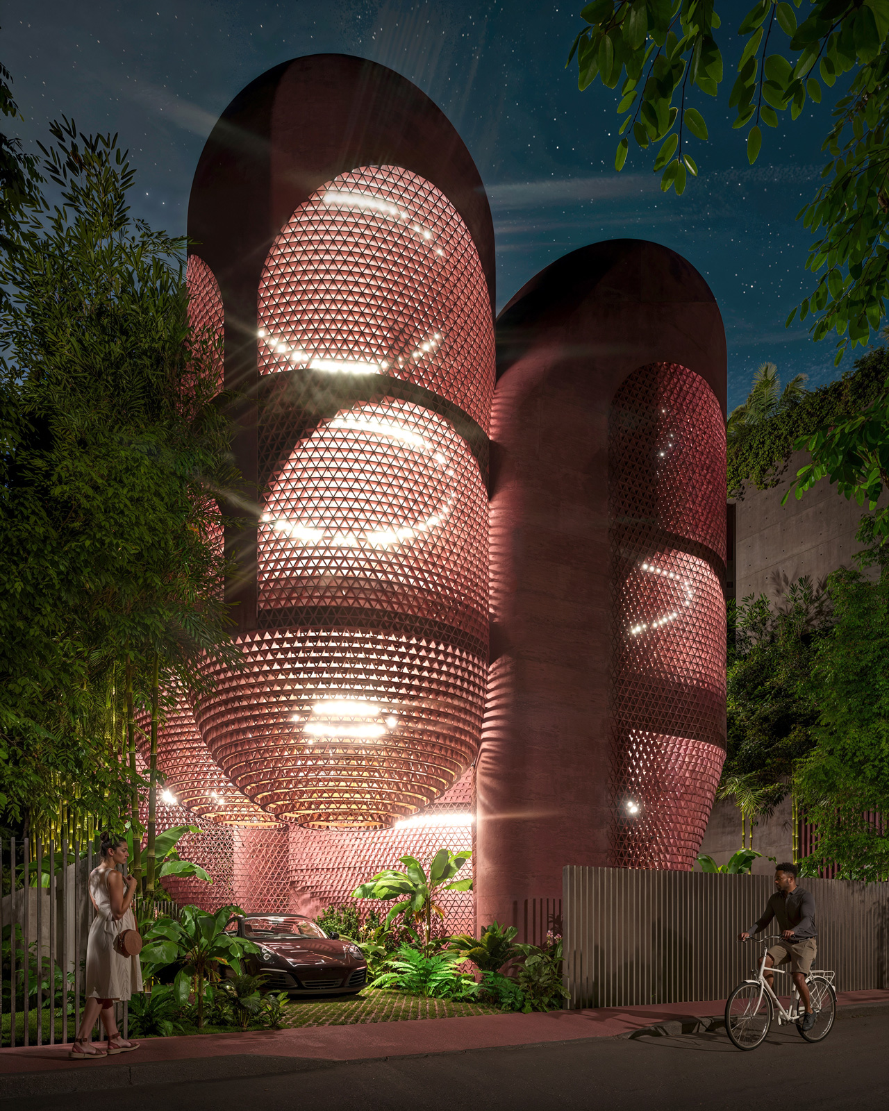 Street entry perspective of the Miami Beach House showing the approach from the sidewalk with nighttime glowing facade