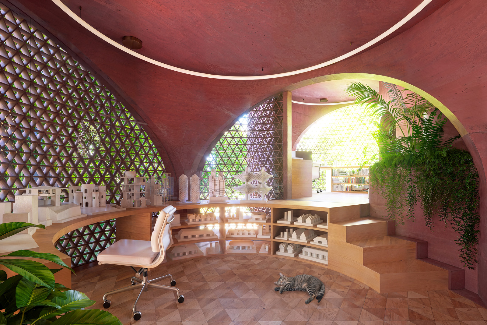 Office and studio perspective of the Miami Beach House showing Platforms 2 and 3 as connected workspaces in the sequence