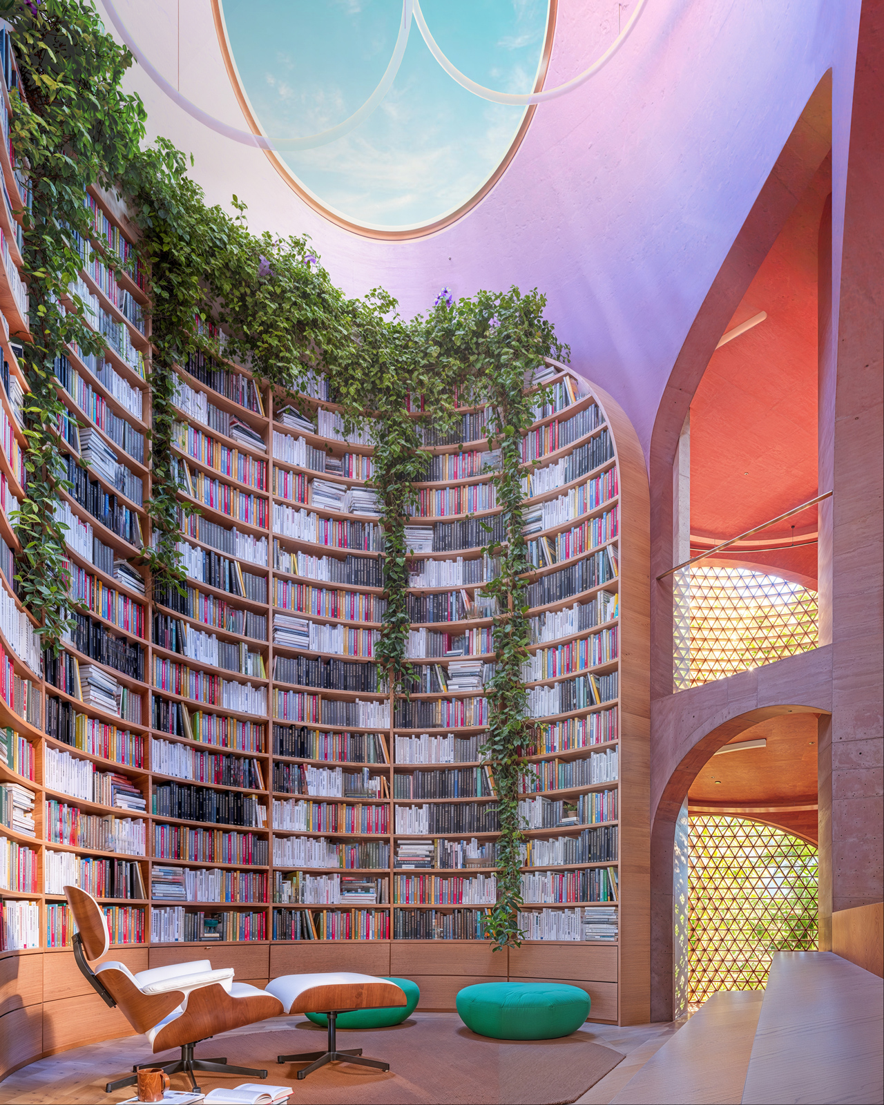 Library perspective of the Miami Beach House showing Platform 5 and the double-height library at the center of the house.