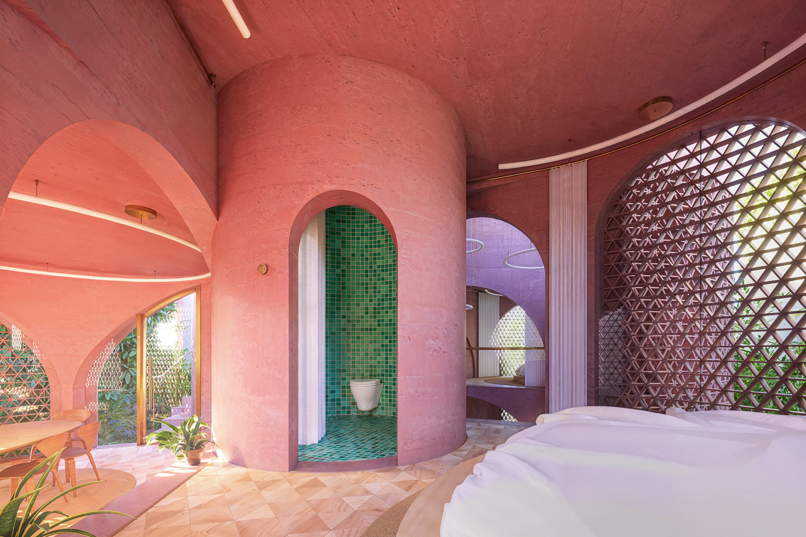Guest bedroom perspective of the Miami Beach House showing Platform 9 as a private sleeping space within the sequence.