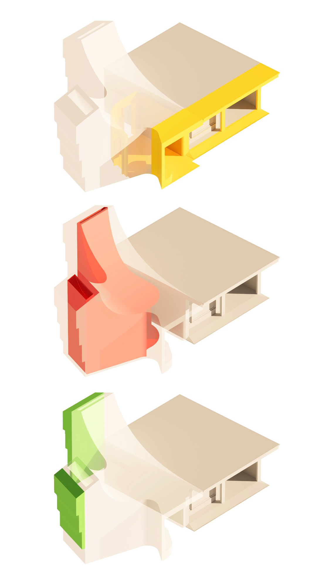 Diagram of visitor gathering spaces, bathroom volumes, and bat towers shaping the Gropius House Bathroom.