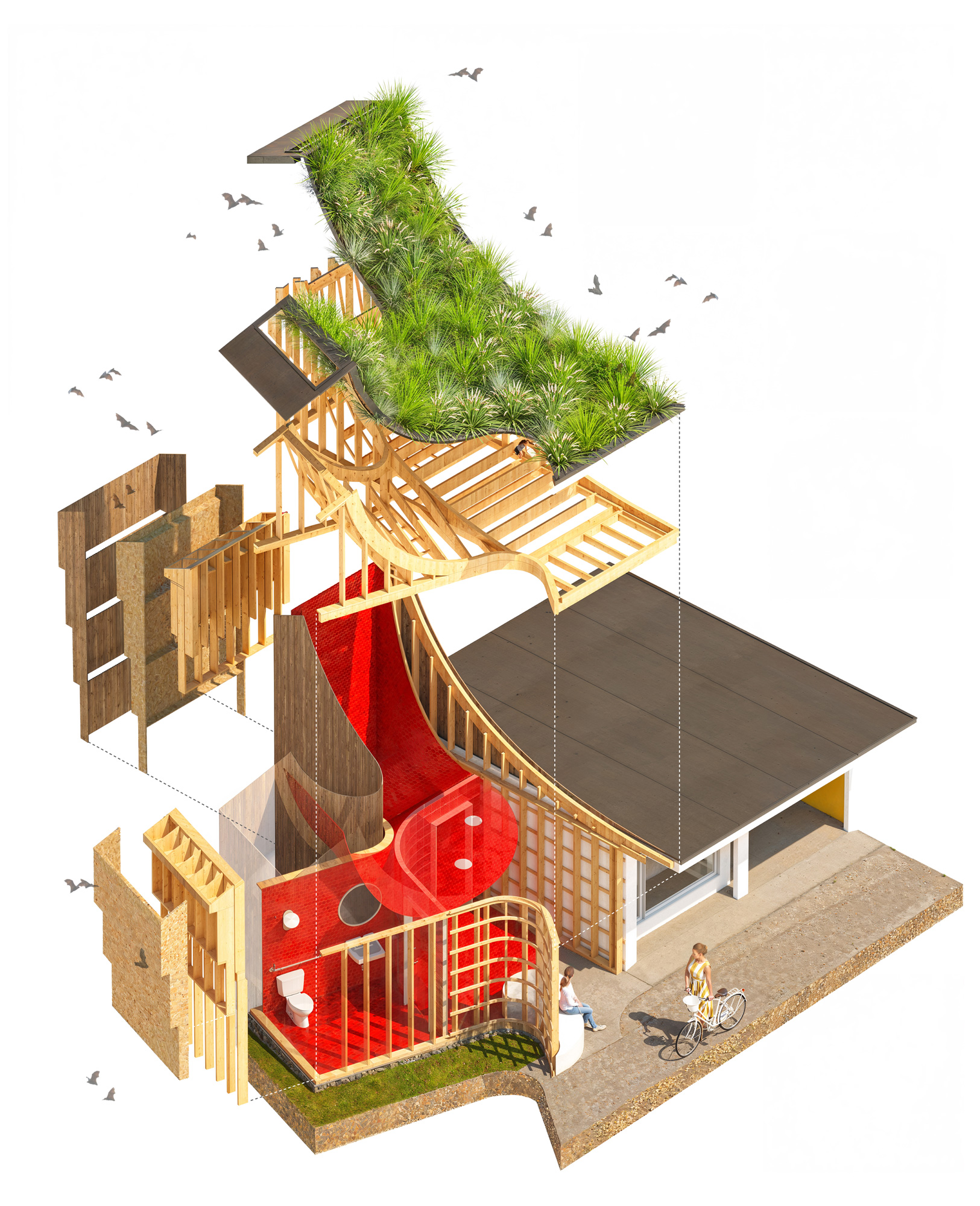Exploded construction diagram of framing, tile, siding, and roof systems for the Gropius House Bathroom.