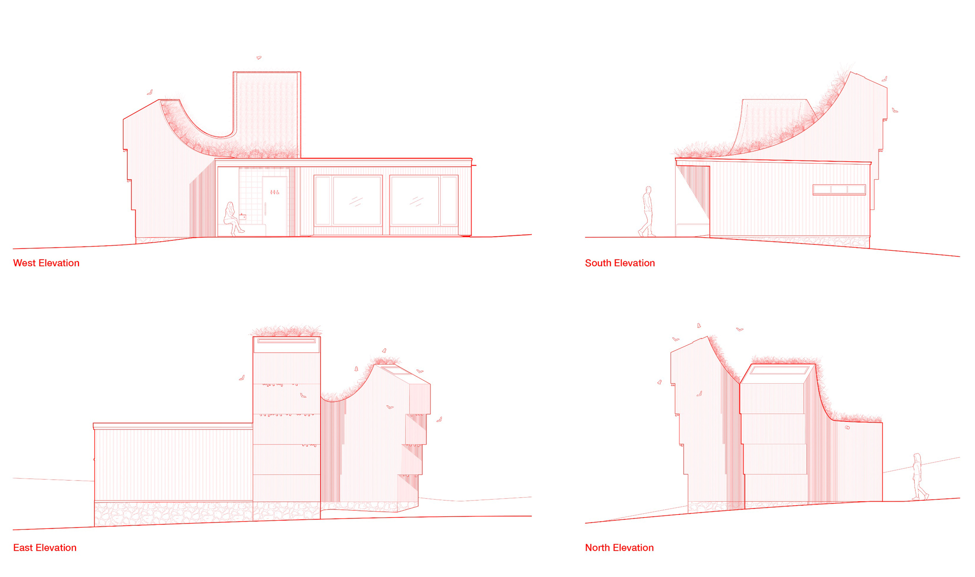 Architectural elevations showing bat towers and material expression of the Gropius House Bathroom.