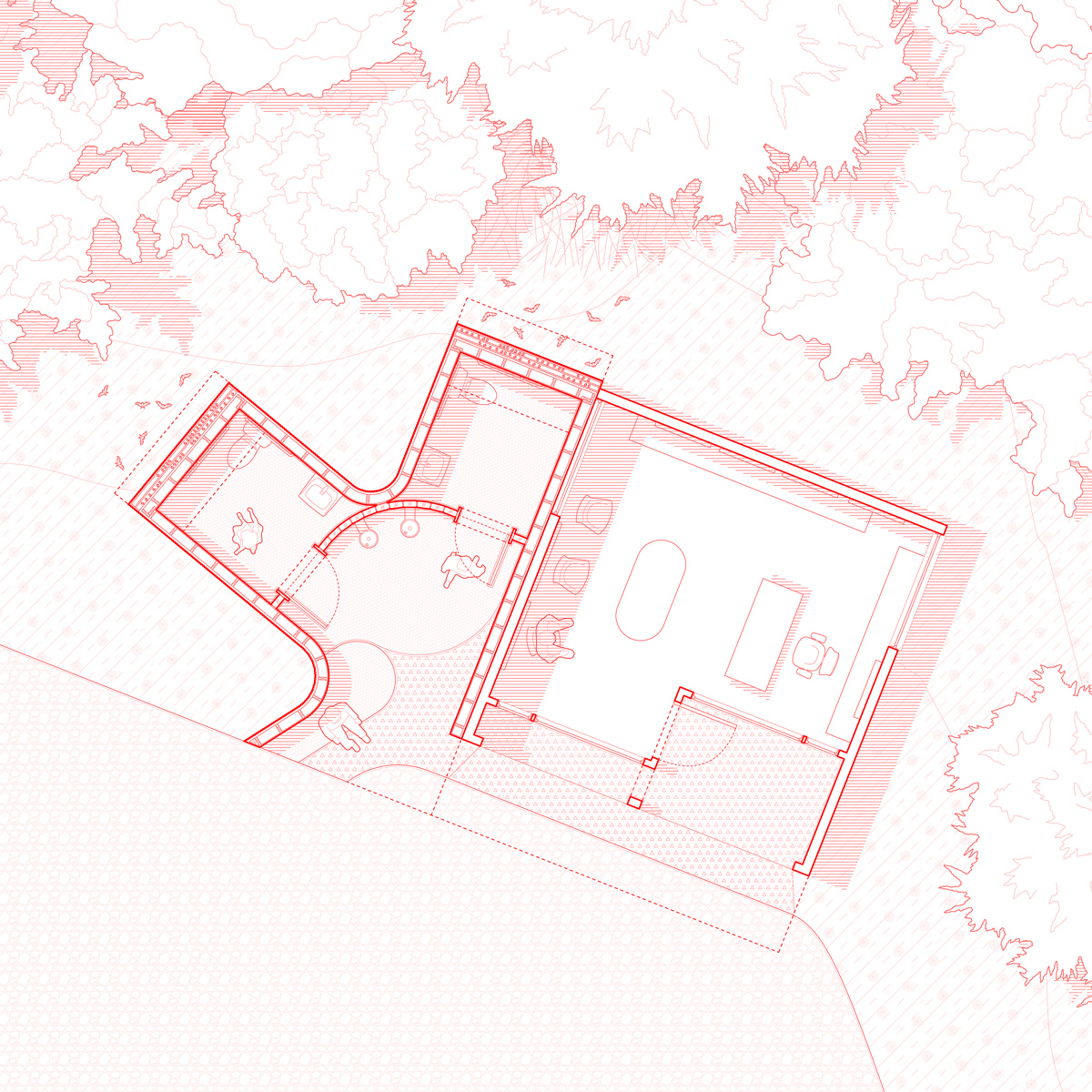 Architectural plan of two ADA bathrooms and gathering spaces within the Gropius House Bathroom.