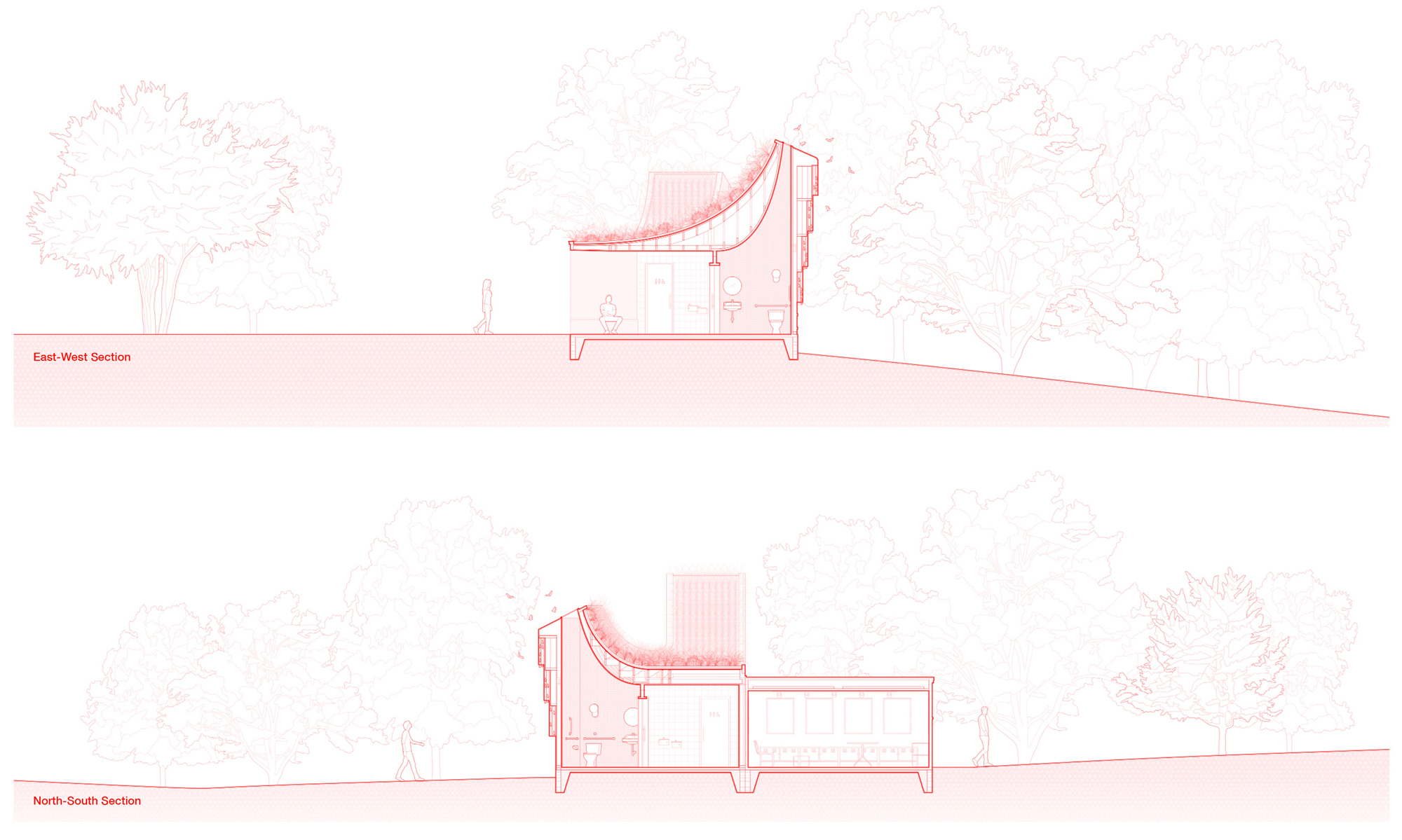 Building sections showing bat habitats, skylights, and interior volumes of the Gropius House Bathroom.